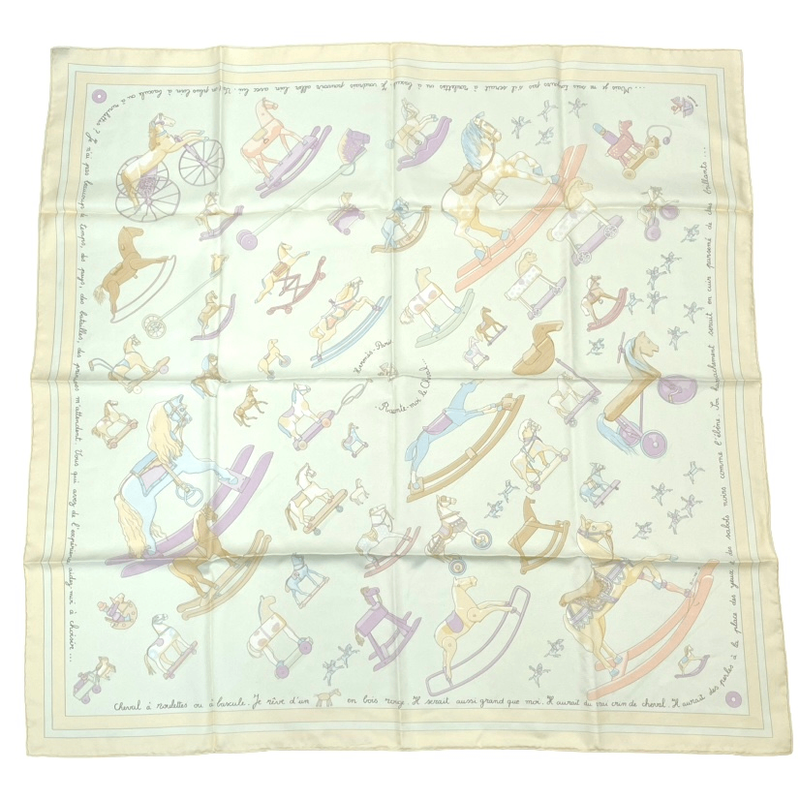 Hermes Carre 90 Raconte Moi Le Cheval Talking About Horses Beige Scarf 100% Silk