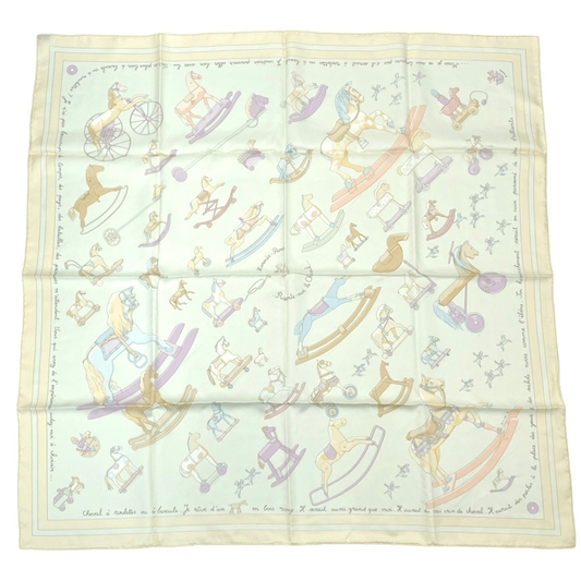 Hermes Carre 90 Raconte Moi Le Cheval Talking About Horses Beige Scarf 100% Silk