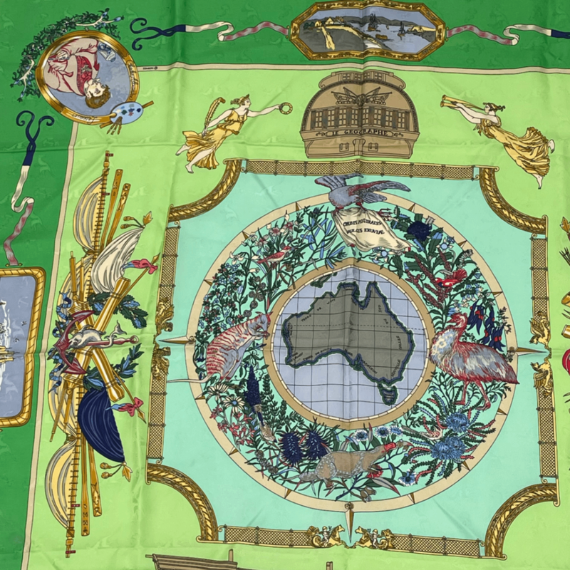 Hermes Carre 90 LE Geographe Geographer Green And Multicolor 100% Silk