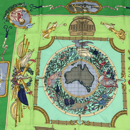 Hermes Carre 90 LE Geographe Geographer Green And Multicolor 100% Silk