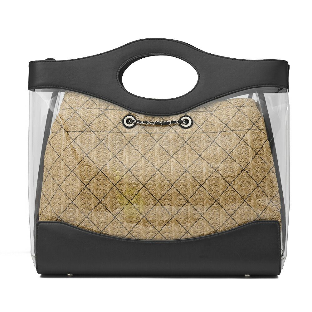 Chanel Matelasse Chain Shoulder Tote 2way Lambskin Straw Black Coco Mark