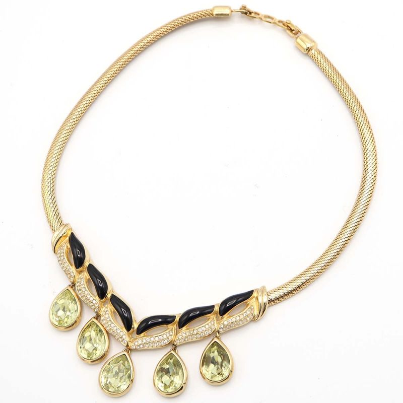 Christian DIOR Necklace Black Stone Rhinestone Gold Color Accessories Women