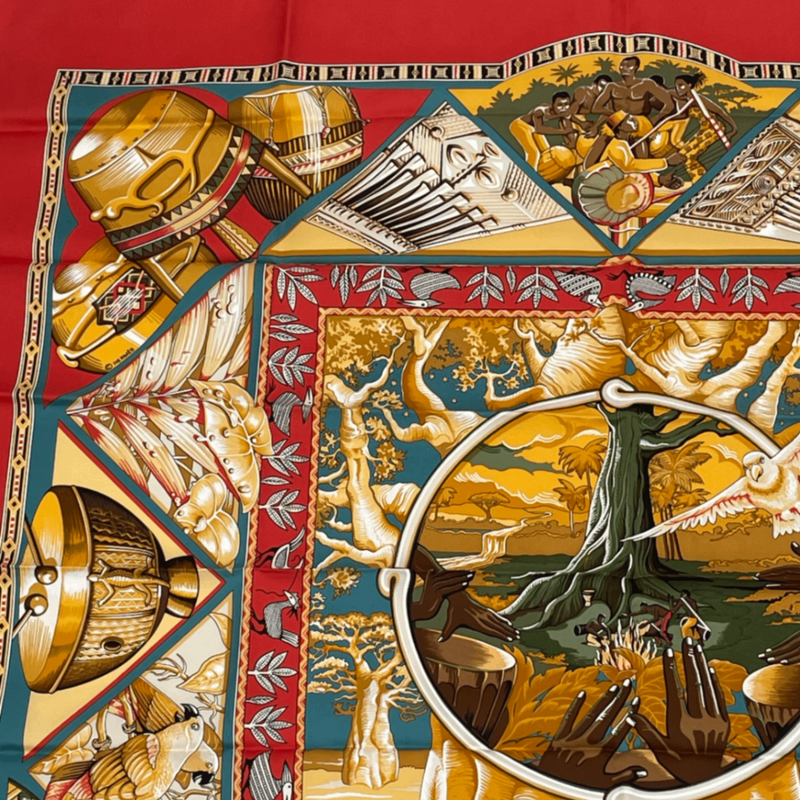 Hermes Scarf Carre 90 Au Son Du Tam To The Sound Of Tam Silk Red