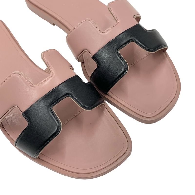 Hermes Oran Sandals Shoes Leather Pink Black Flat Sandals Mules
