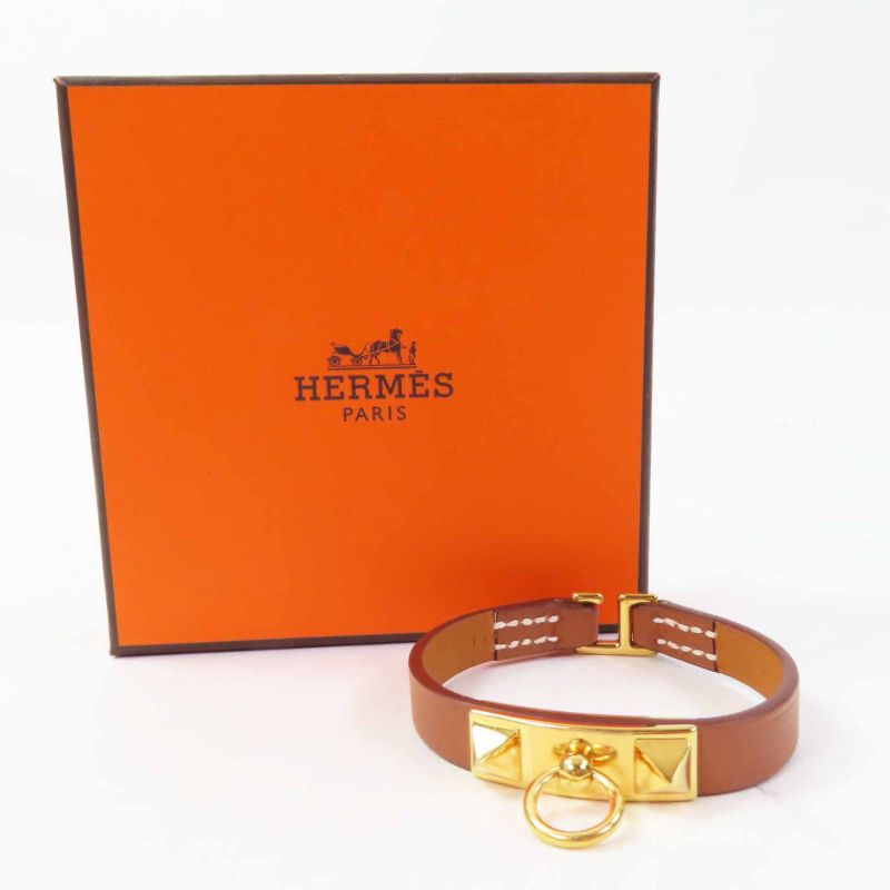Hermes Rival Mini Gold Hardware Bracelet Bangle Leather Brown T1 With Z