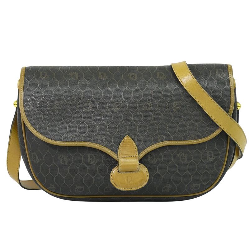 Authentic Christian DIOR Honeycomb Pattern Shoulder Bag Pochette PVC Black