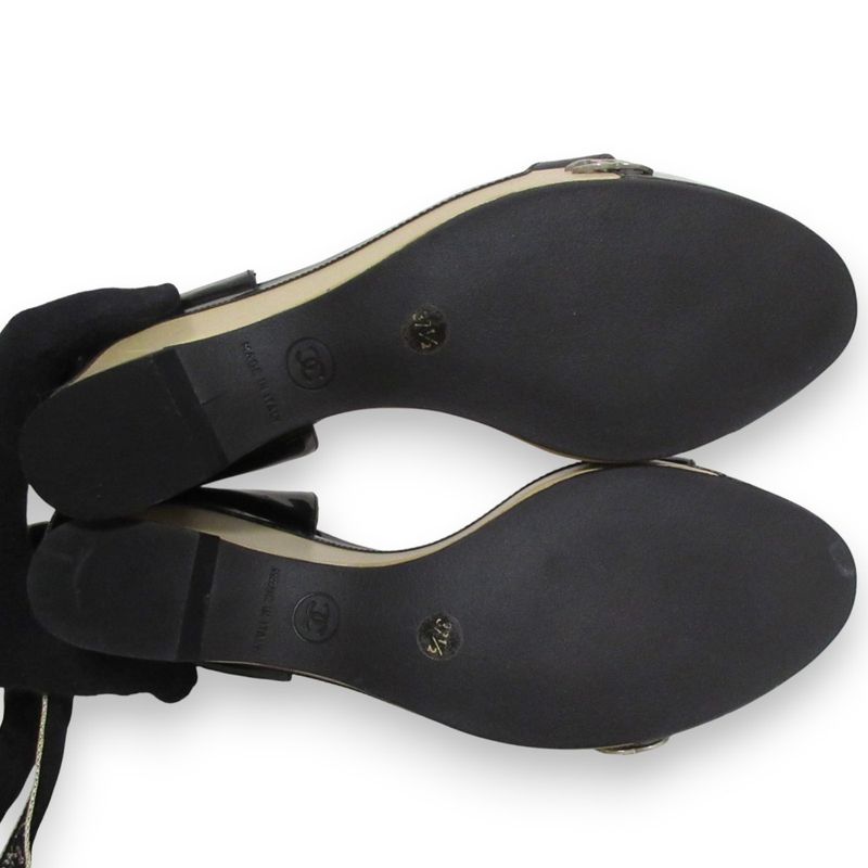 Chanel Patent Leather Platform Ribbon Ankle Strap Heeled Sandals 37.5 Approx