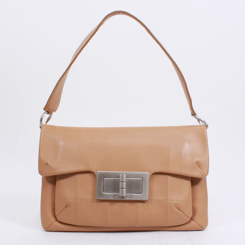 Chanel 255 Chocolate Bar Lambskin Beige Shoulder Bag Silver