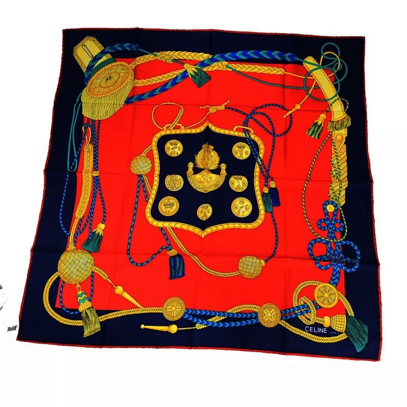 Celine Logo Scarf Large Size 100% Silk Red Navy 01bs035