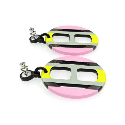 Hermes Earrings H Equipe Buffalo Horn Pair Multicolor Pink Gray Yellow