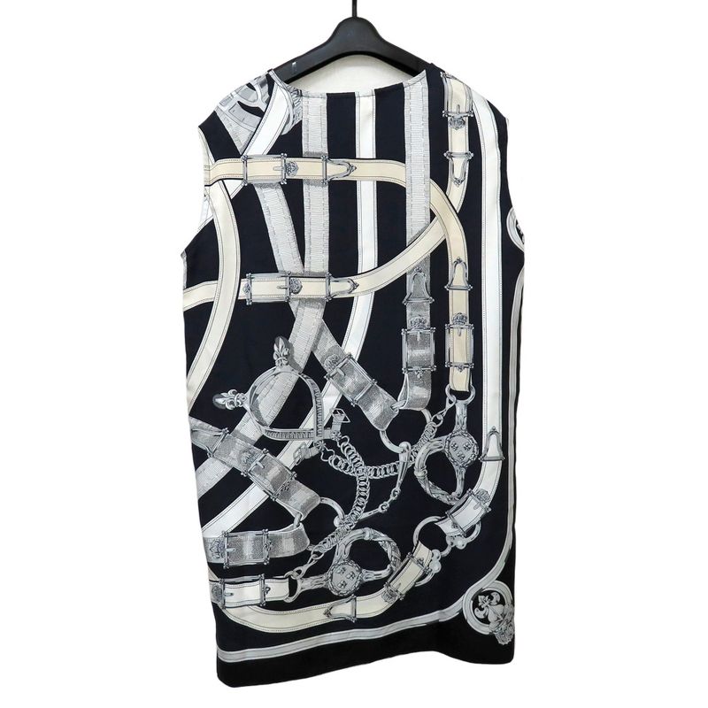 Hermes Sleeveless Tops Silk Belt Pattern 36 Navy-black Ladies Apparel