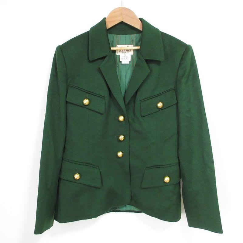 Hermes Vintage Gold Button Wool Jacket Size 40 Green