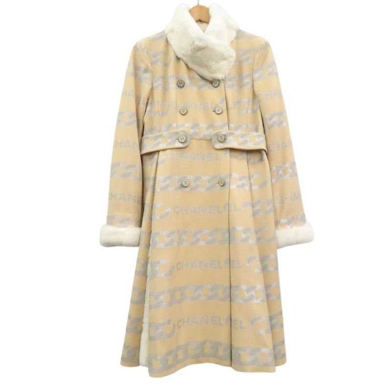 Chanel Fur-Lined Logo Chain-Patterned Long Coat Silk Wool Beige 1355