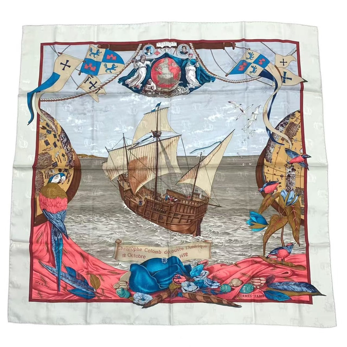 Hermes Scarf Silk Carre 90 Christophe Colomb Decouvre L'amerique 12 Octobre