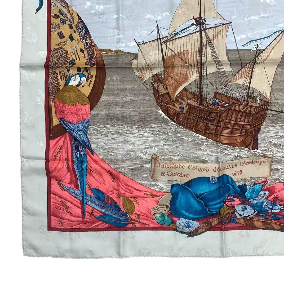 Hermes Scarf Silk Carre 90 Christophe Colomb Decouvre L'amerique 12 Octobre — view 4