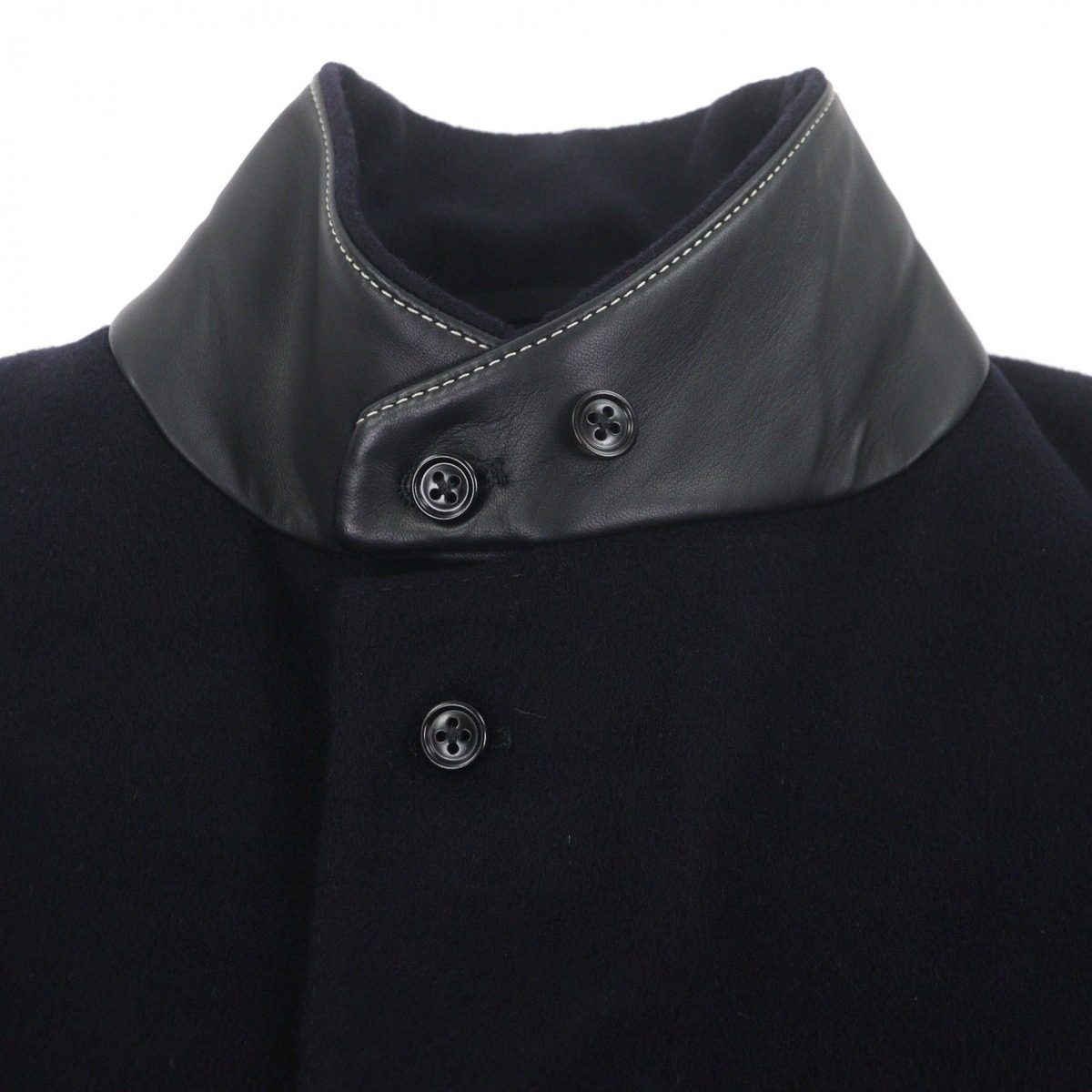 Hermes Cashmere Cowhide Leather Piping Tailored Single Chesterfield Coat Navy 58 — view 3