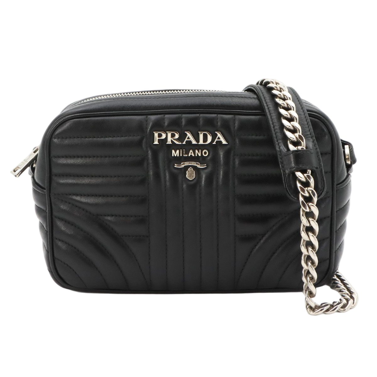 Prada Diagram Chain Shoulder Bag Leather Nero Black Silver