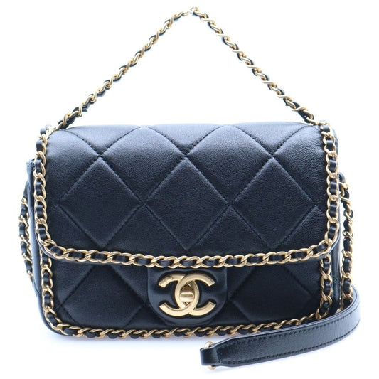 Chanel Quilted Chain Around Mini Flap Leather 2-Way Bag Gold Black