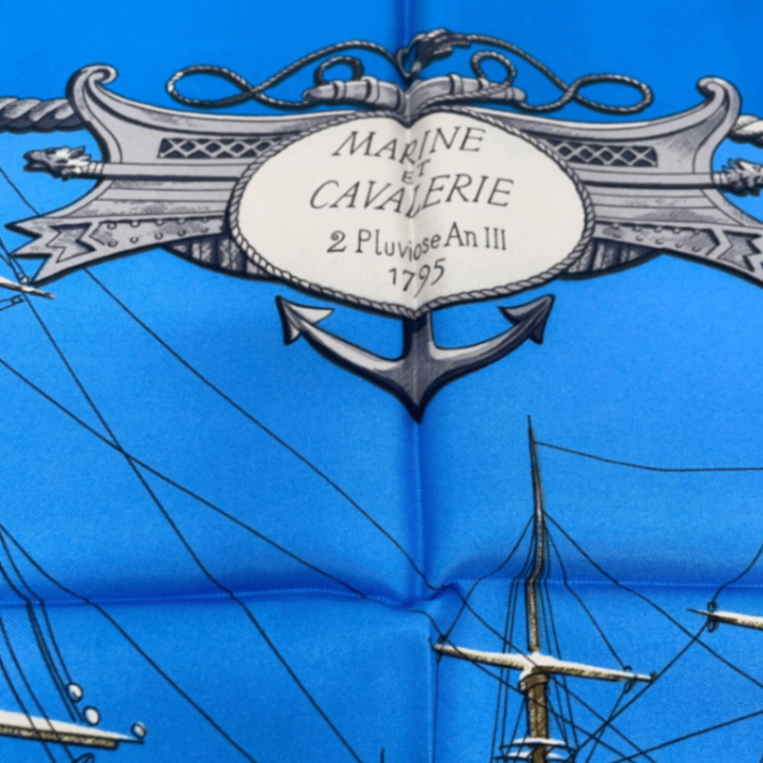 Grade Hermes Carre 90 Marine ET Cavalerie Sea And Cavalry Blue 100% Silk Scarf