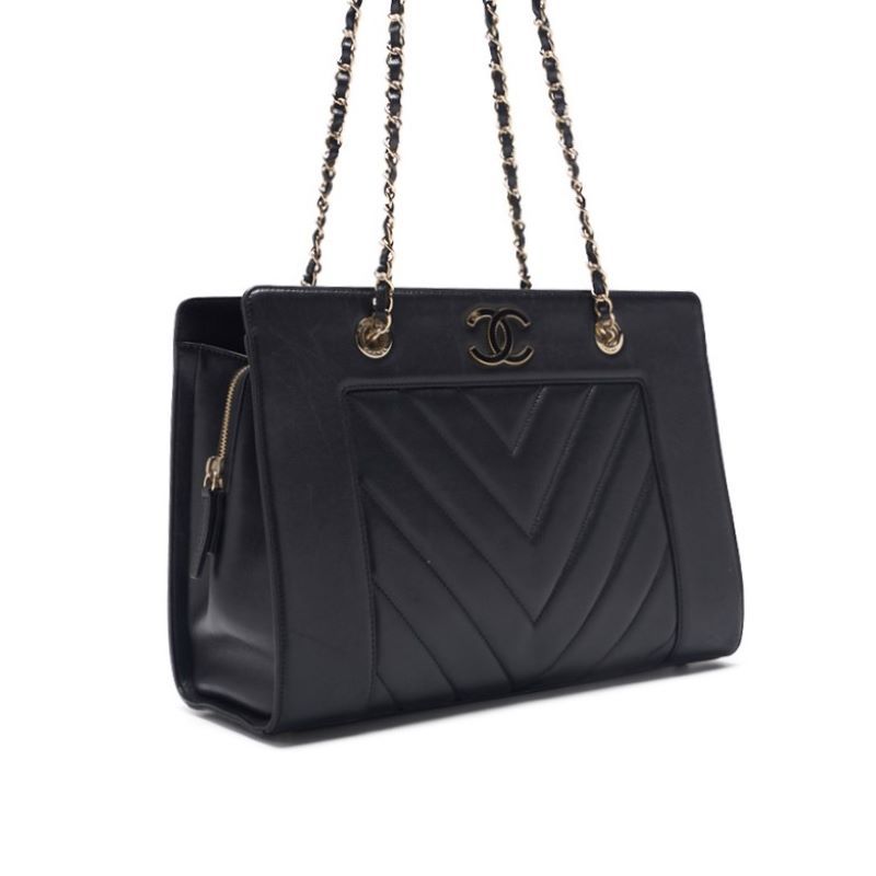 Chanel V Stitch Decacoco Double Chain Shoulder Lamb Skin Black With Gold