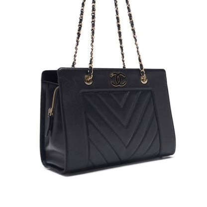 Chanel V Stitch Decacoco Double Chain Shoulder Lamb Skin Black With Gold