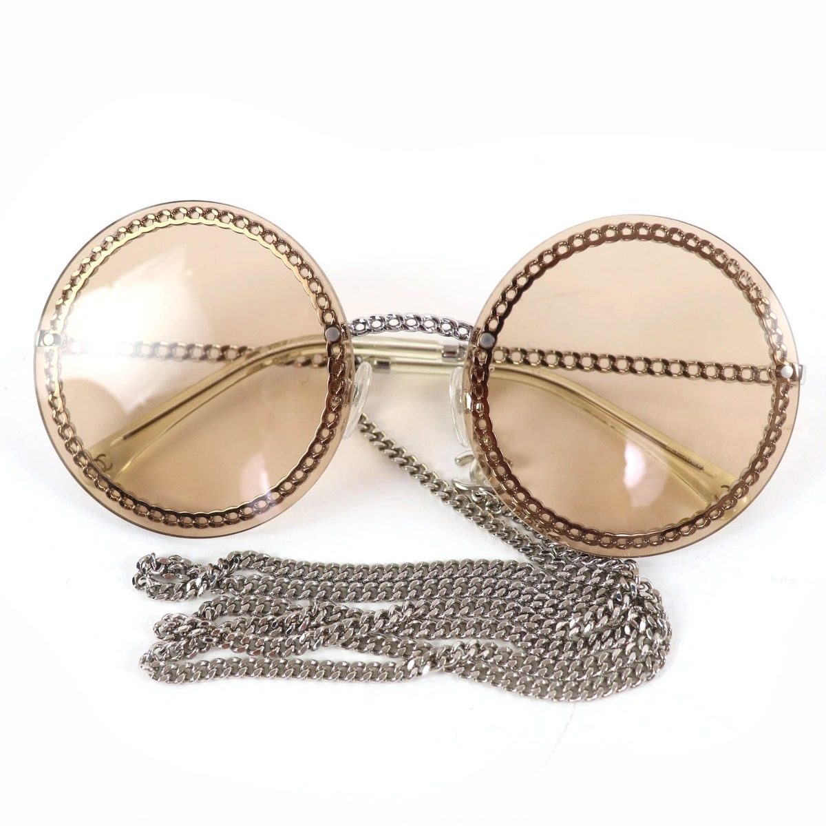 Chanel CC Logo Round Sunglasses with Chain Silver Clear Brown Case Necklace