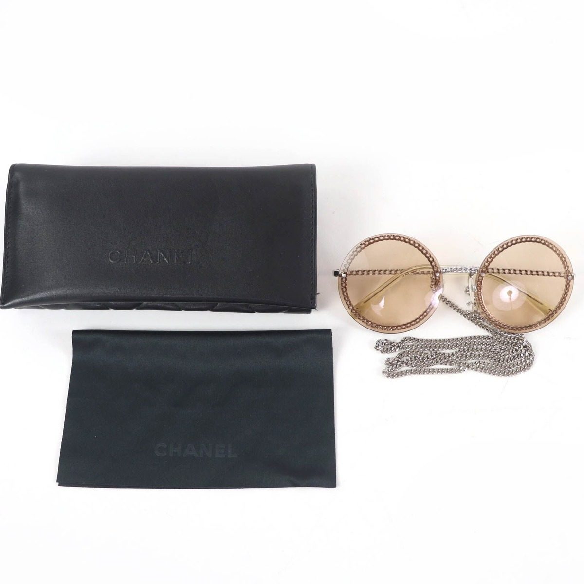Chanel CC Logo Round Sunglasses with Chain Silver Clear Brown Case Necklace — view 2