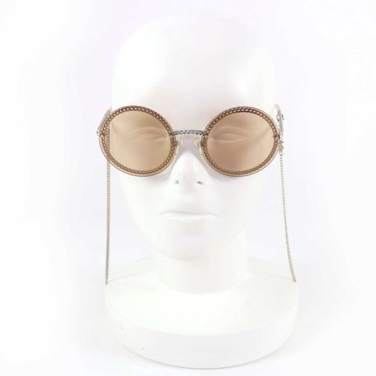 Chanel CC Logo Round Sunglasses with Chain Silver Clear Brown Case Necklace — view 3