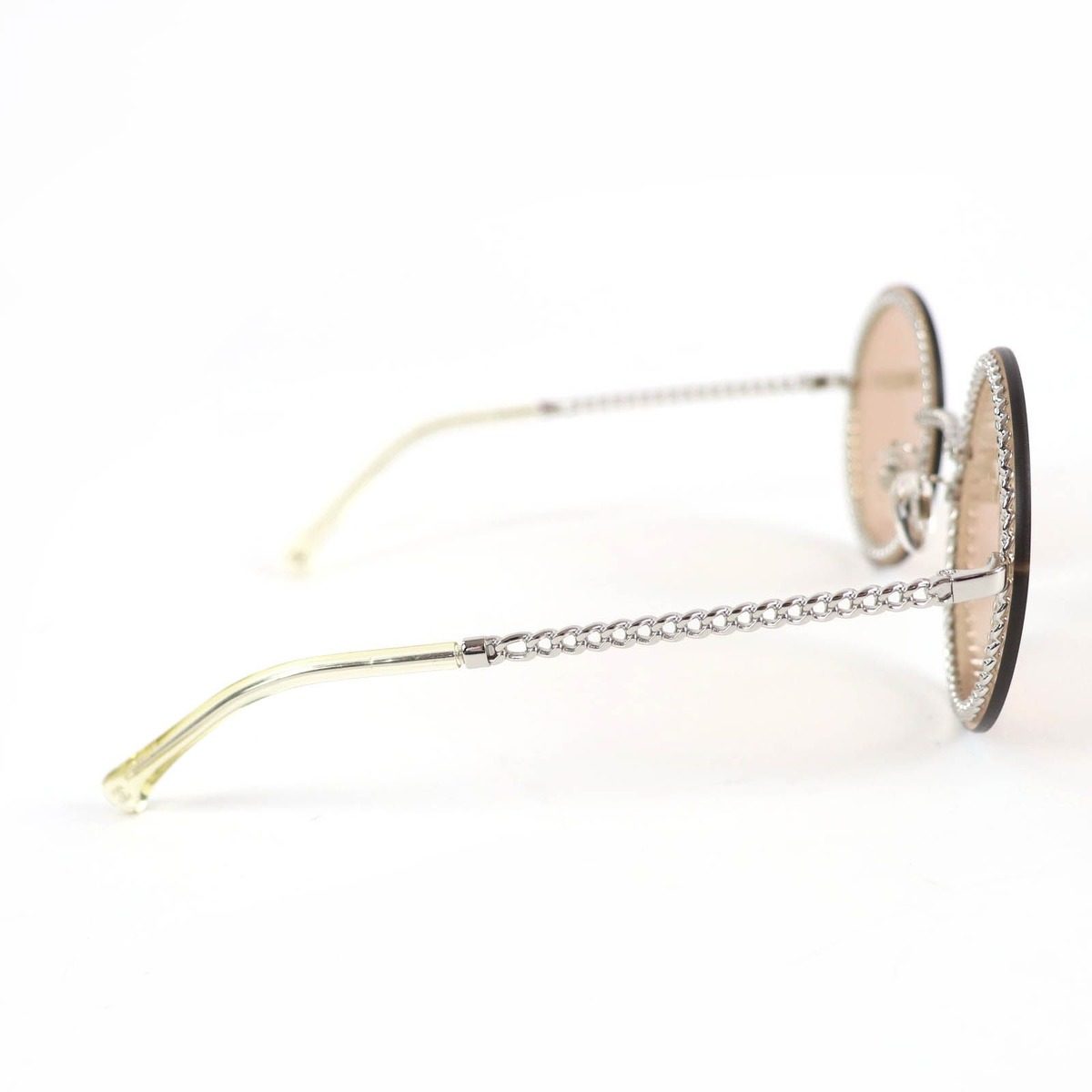 Chanel CC Logo Round Sunglasses with Chain Silver Clear Brown Case Necklace — view 7