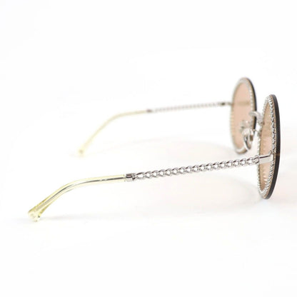Chanel CC Logo Round Sunglasses with Chain Silver Clear Brown Case Necklace — view 7