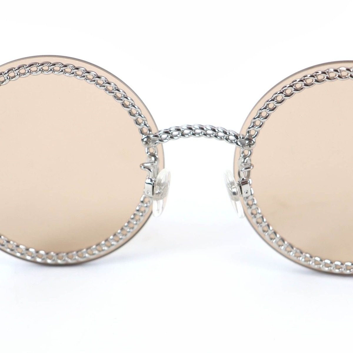 Chanel CC Logo Round Sunglasses with Chain Silver Clear Brown Case Necklace — view 8