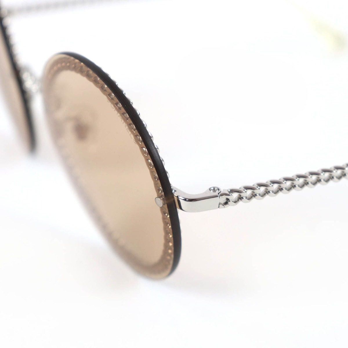 Chanel CC Logo Round Sunglasses with Chain Silver Clear Brown Case Necklace — view 9
