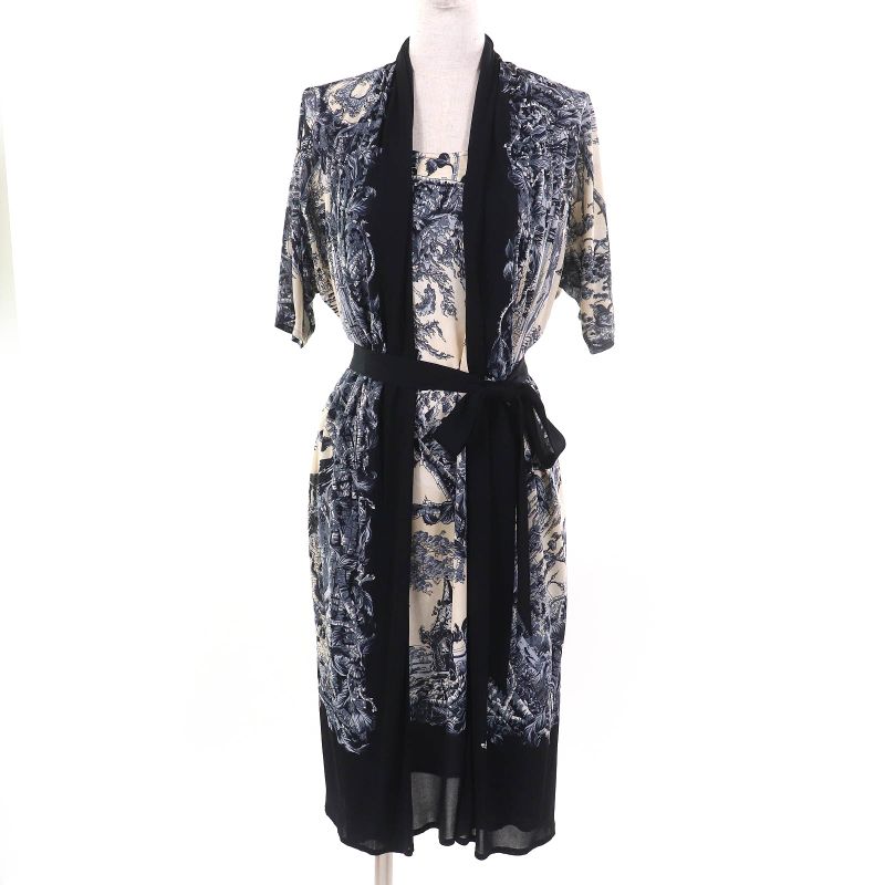 Hermes Fantaisie Pittoresque Pitoresque Dream Chiffon Dress With Belt Navy Blue
