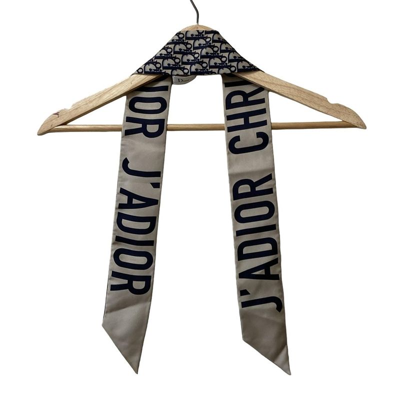 Dior/christian Dior Scarf Mitzah Beige And Dark Navy Ribbon Scarf/oblique