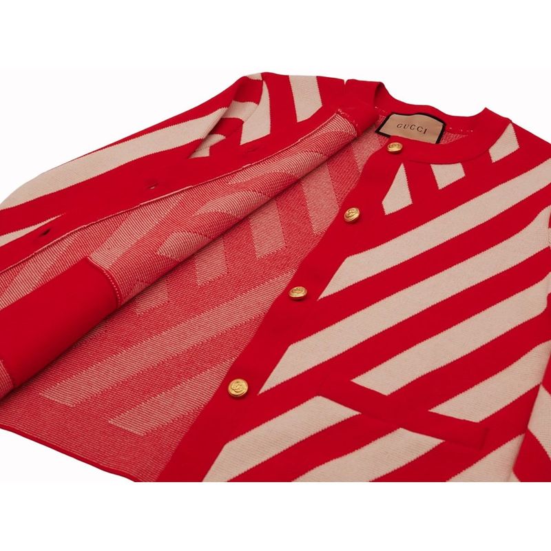Gucci Striped Cardigan Womens Wool Red Ivory Gold Tone Double G