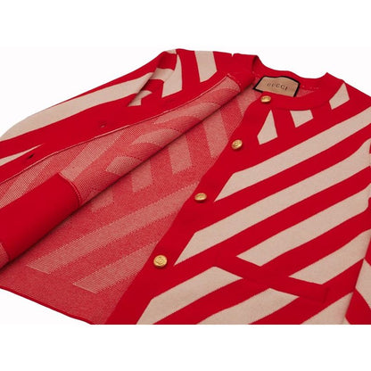 Gucci Striped Cardigan Womens Wool Red Ivory Gold Tone Double G