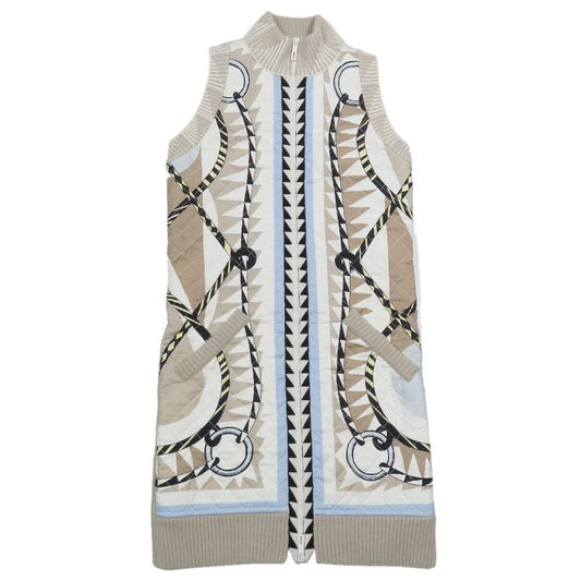 Hermes Twill Lane Knit Quilted Contrast Long Down Jacket Vest Zip Up 36 Beige