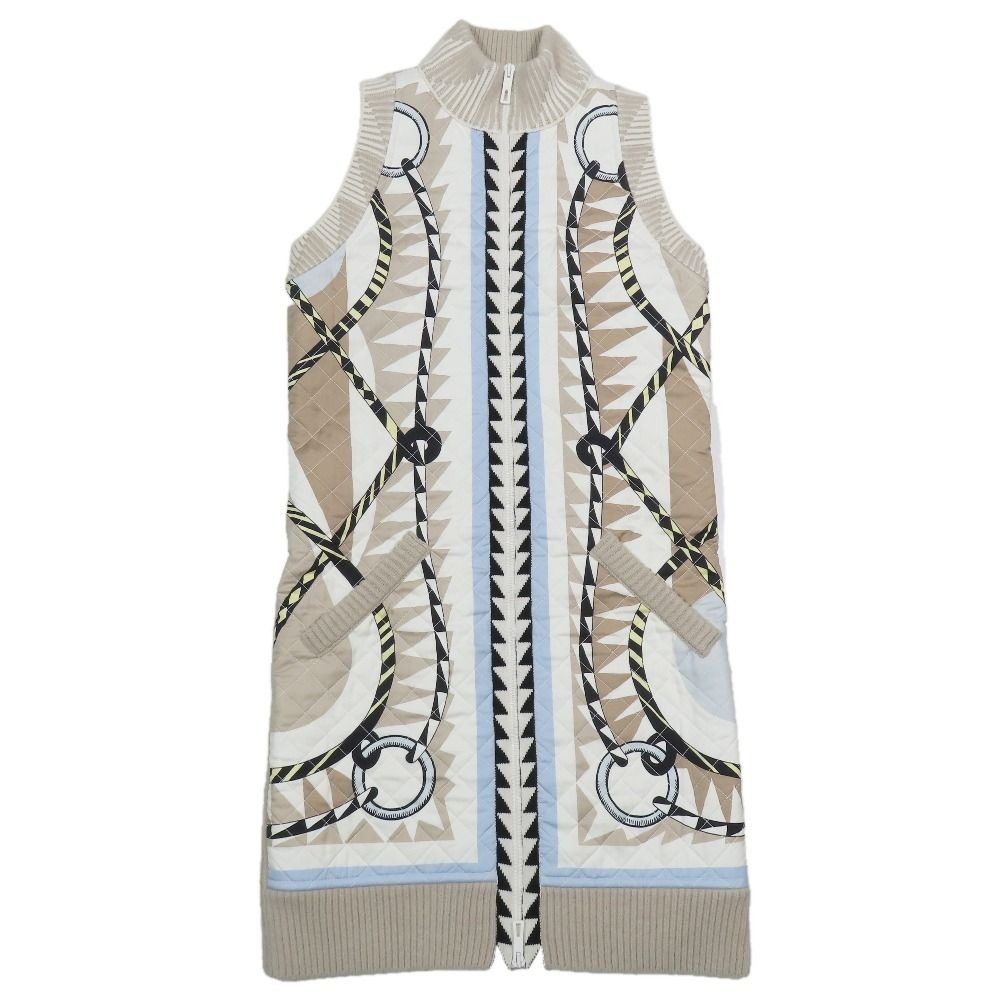 Hermes Twill Lane Knit Quilted Contrast Long Down Jacket Vest Zip Up 36 Beige