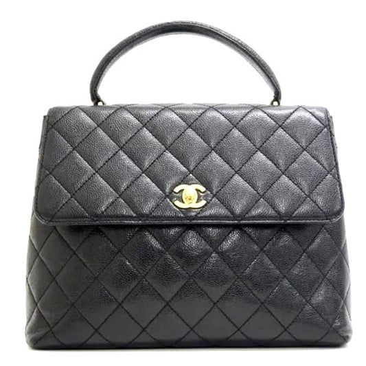 CHANEL 24K CC Caviar Vintage Kelly Quilted Flap Bag Black Purse Handle