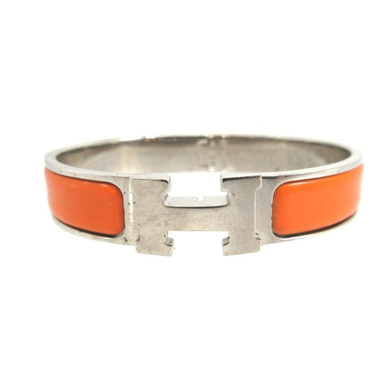 Hermes Click Clack H PM Metal Orange Silver Bangle Bracelet 0617