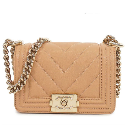 Chanel Boy Beige Gold Caviar Leather Mini Chain Stitch 15 Shoulder Bag