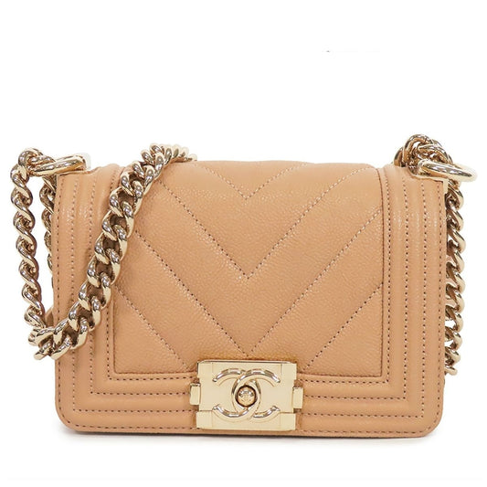 Chanel Boy Beige Gold Caviar Leather Mini Chain Stitch 15 Shoulder Bag