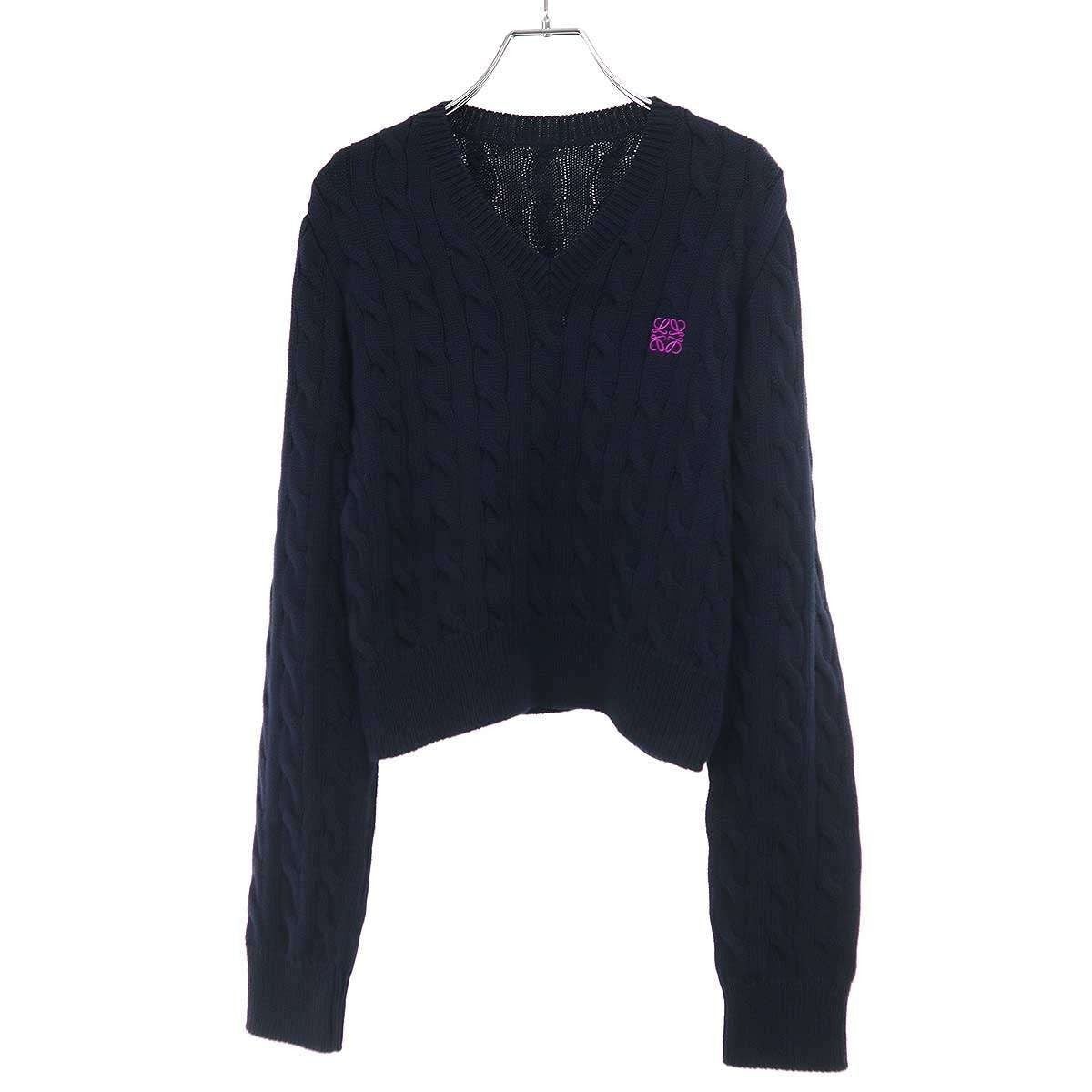 Loewe Anagram Cotton Cable Neck Knit Sweater Navy