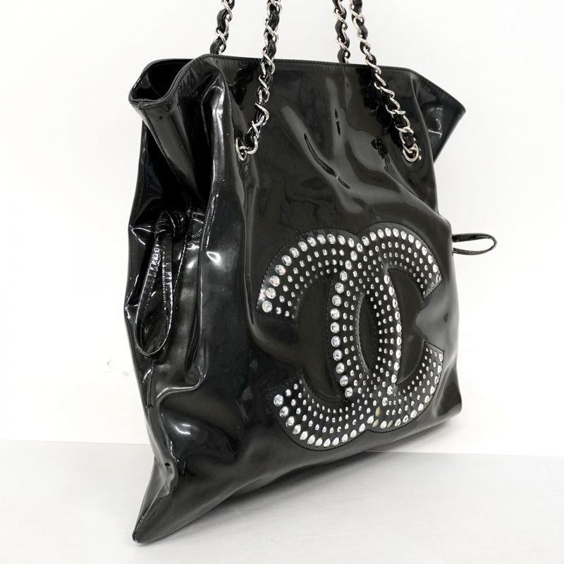 Chanel Shoulder Bag Patent Leather Black Silver Hardware Women