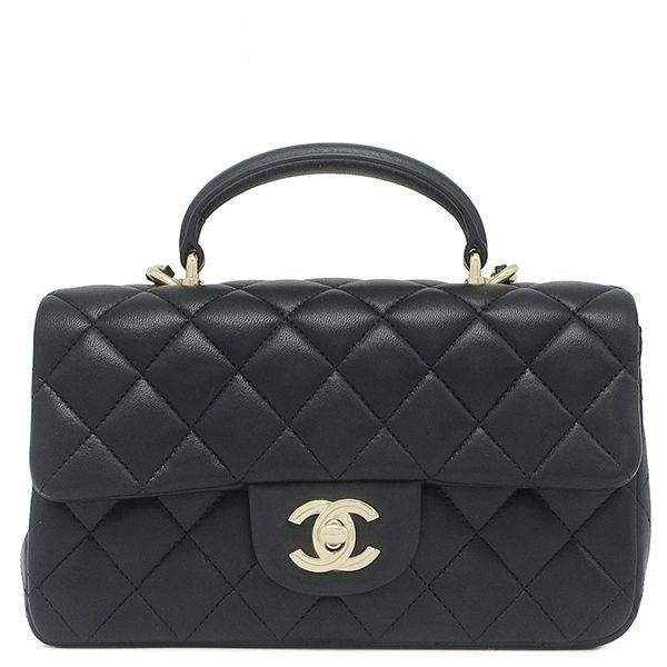 Chanel 2-Way Bag Quilted 20 Top Handle Lambskin Black Gold Handbag