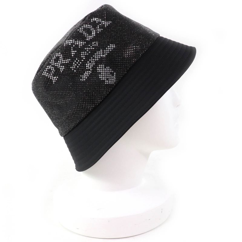 Prada 2021 2hc137 Logo Rhinestone Re-nylon Bucket Hat Black XL Made In Italy