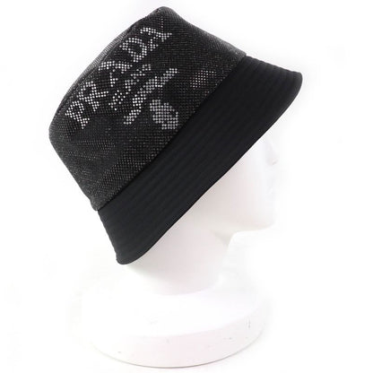 Prada 2021 2hc137 Logo Rhinestone Re-nylon Bucket Hat Black XL Made In Italy