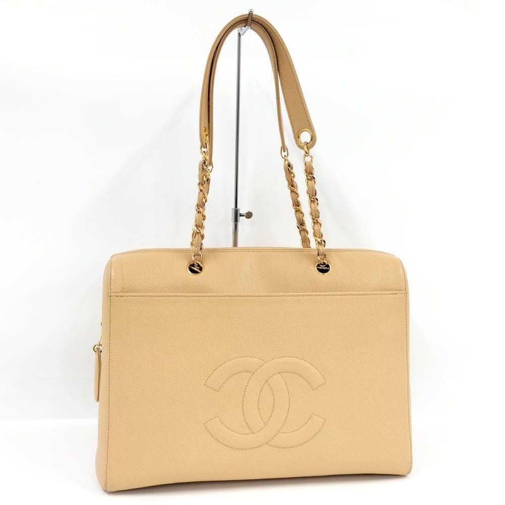 Chanel Chain Shoulder Bag Caviar Leather Beige