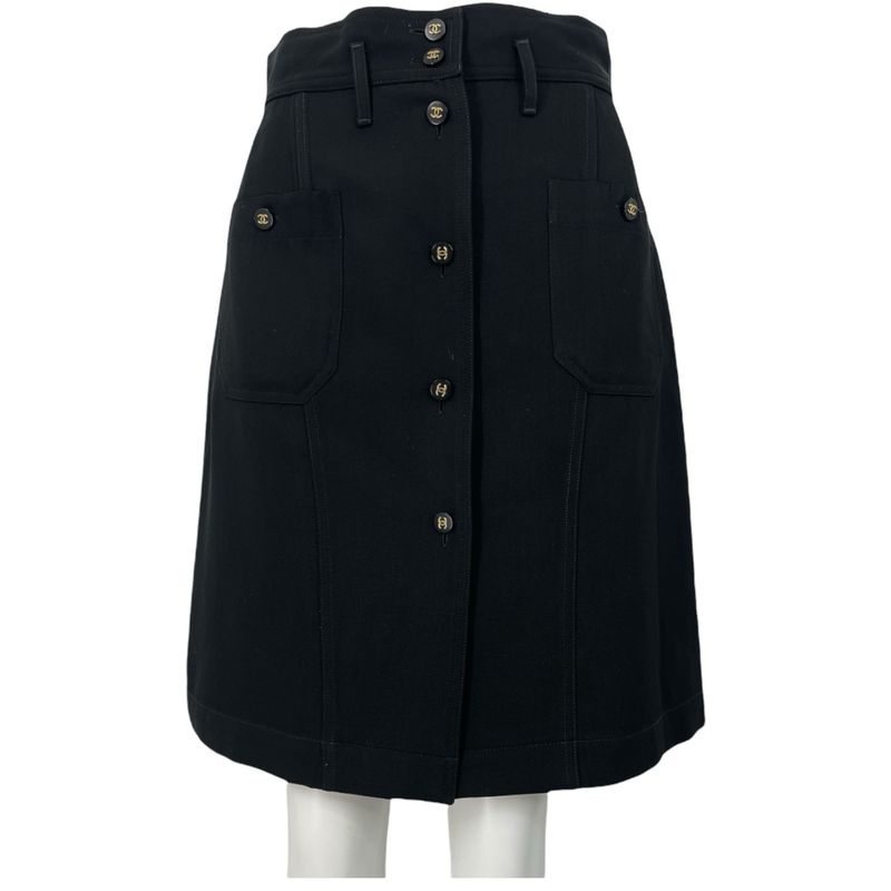 Chanel Coco Button Wool Skirt Black