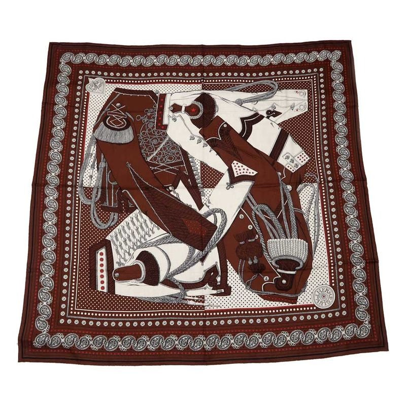 Hermes Carre 140 Scarf Zouavers ET Dragons Bandana Brown Large Shawl